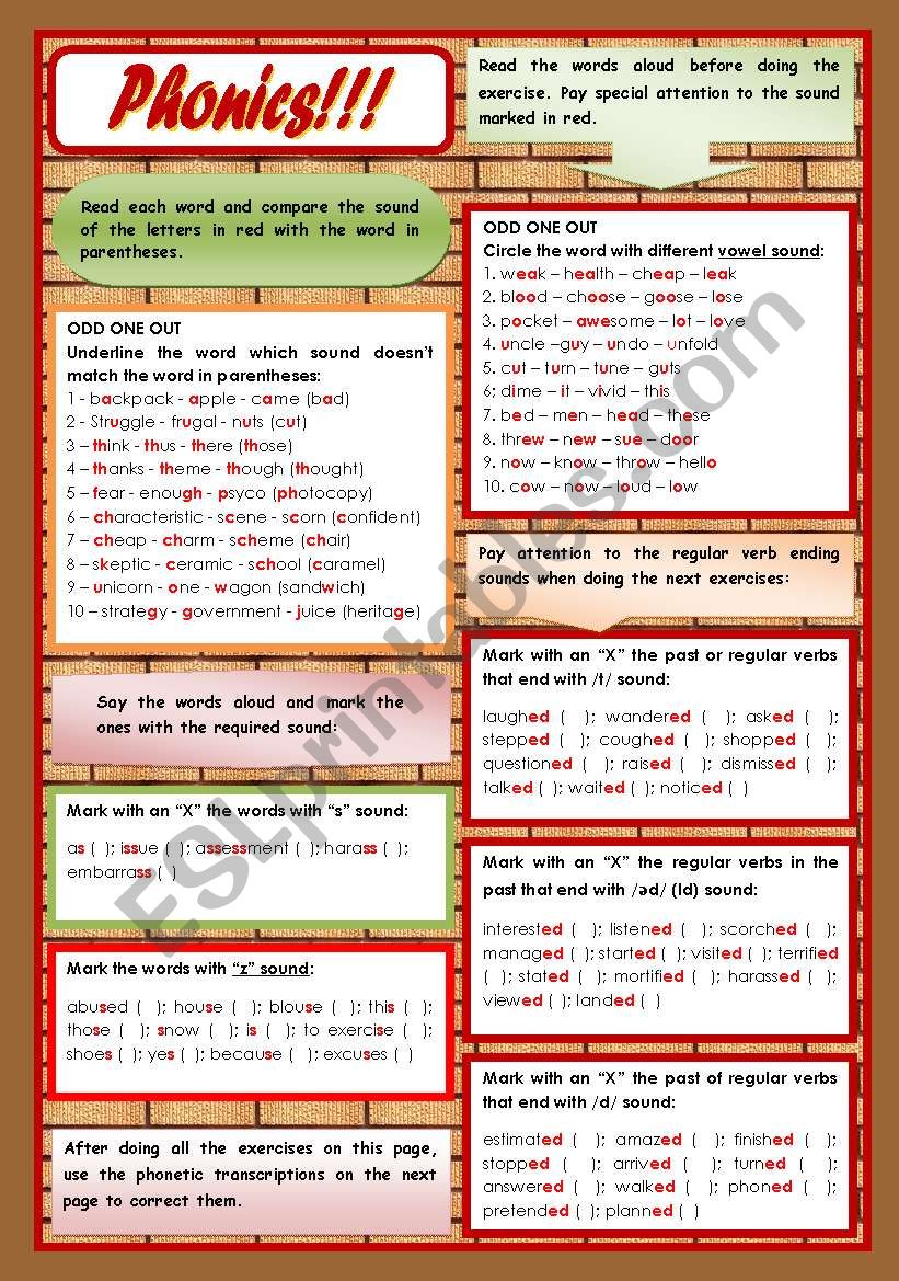 Phonics!!!  7 different tasks [z / s sound; final ed in the past; vowel sound; th sound] with phonetic transcriptions for auto-correction or oral correction. ((2 pages)) ***editable